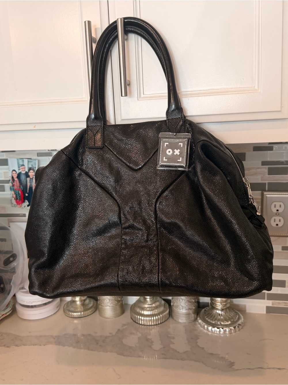 Saint Laurent YSL Black Satchel Top Handle Bag Zip Closure Silver Hardware Charm
